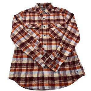 Ocean Coast Men's Plaid Flannel Shirt Orange Burgundy Cotton Long Sleeve Size M‎